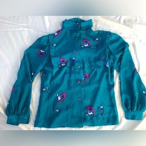 Joxell Vintage 100% Pure Silk Floral Blouse. Teal & Pink. Women’s Size xS